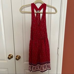 Red mini dress, halter back, floral pattern